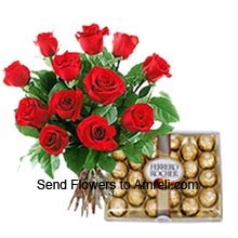 A Bunch Of 12 Red Roses With A Box Of 24 Pieces Ferrero Rocher