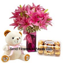 Lilies In A Vase, Box of 16 Pieces Ferrero Rocher Chocolates And A Medium Size Cute Teddy Bear