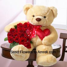 3 Feet Tall Teddy Bear With A Bunch Of 24 Red Roses