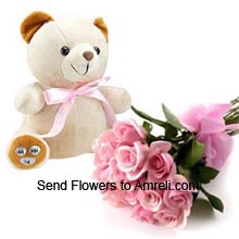 Bunch Of 12 Pink Roses And A Medium Size Teddy Bear