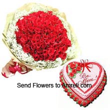 A Bunch Of 100 Red Roses With 1Kg (2.2 Lbs) Heart Shaped Strawberry Cake