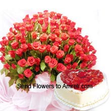 A Huge Basket Of 150 Red Roses With 1Kg (2.2 Lbs) Heart Shaped Vanilla Cake