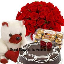 Basket Of 36 Red Roses, 1/2Kg (1.1 Lbs) Chocolate Truffle Cake, Box Of 16 Pieces Ferrero Rocher Chocolates And A Small Teddy Bear