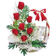 Basket Of 12 Red Roses With A Box Of 16 Pieces Ferrero Rocher