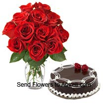 12 Red Roses In A Vase With 1Kg (2.2 Lbs) Chocolate Truffle Cake