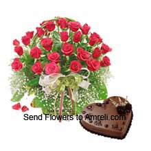 A Basket Of 30 Red Roses With 1Kg (2.2 Lbs) Heart Shaped Chocolate Cake