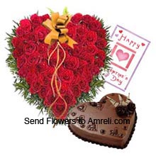 Heart Shaped Arrangement Of 50 Red Roses With 1Kg (2.2 Lbs) Heart Shaped Chocolate Cake And A Valentine's Day Greeting Card