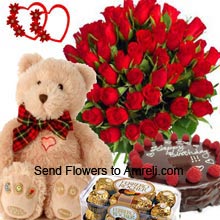 Bunch Of 36 Red Roses, 1/2Kg (1.1 Lbs) Chocolate Truffle Cake, Box Of 16 Pieces Ferrero Rocher Chocolates And A Medium Size Cute Teddy Bear