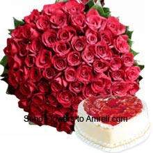 A Bunch Of 75 Red Roses With 1Kg (2.2 Lbs) Heart Shaped Strawberry Cake