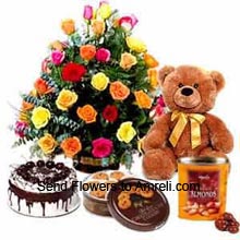 Arrangement Of 24 Mixed Color Roses, 1Kg (2.2 Lbs) Black Forest Cake, Box Of Danish Butter Cookies,  Medium Size Teddy Bear And A Box Of Chocolates