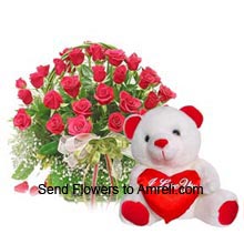 Arrangement Of 30 Red Roses With A Medium Size Cute Teddy Bear With A Heart