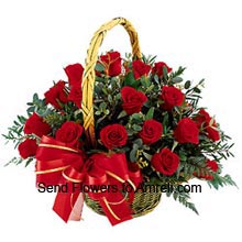 Beautiful Basket Of 18 Red Roses With Fillers