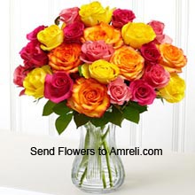 20 Mixed Color Roses In A Vase