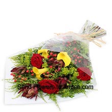 Bunch Of 6 Red Roses And 6 Yellow Carnations