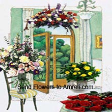 Assorted Flowers In A Vase, Assorted Flowers In A Basket, Arrangement Of 12 Yellow Roses And A Bunch Of 12 Red Roses