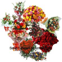 Bunch Of 12 Red Roses, Bunch Of 12 Assorted Flowers, Basket Of 30 Mixed Color Roses, Bunch Of 24 Red Roses, Heart Shaped Arrangement Of 50 Red Roses, 18 Red Roses In A Vase, Basket Of 36 Red Roses And An Arrangement Of Assorted Flowers