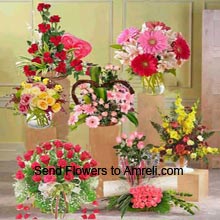 A Basket Of 12 Red Roses, 24 Mixed Color Roses In A Vase, Arrangement Of 50 Red Roses, 6 Daisies And 6 Roses In A Vase, Basket Of 10 Daisies And 10 Roses, 12 Pink Roses In A Vase, Basket Of Assorted Flowers, Arrangement Of 20 Pink Roses
