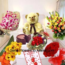 Bunch Of Fresh Orchids, Bunch Of 12 Yellow Daisies, Bunch Of 12 Red Roses, Bunch Of 24 Red Roses, Basket Of Assorted Flowers, 1Kg (2.2 Lbs) Chocolate Cake, 1.5 Feet Tall Teddy Bear And A Big Card