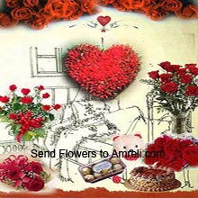Heart Shaped Arrangement Of 200 Red Roses, Basket Of 12 Red Roses, 12 Red Roses In A Vase, Bunch Of 24 Red Roses, Bunch Of 6 Red Roses, Box Of 16 Pieces Ferrero Rocher Chocolates, Small Cute Teddy Bear, 1Kg (2.2 Lbs) Butter Scotch Cake