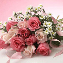 Bunch Of 12 Pink Roses With Purple Statice