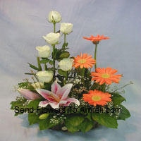 Basket Of Assorted Flowers Including Lilies, Roses And Gerberas
