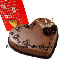 1 Kg (2.2 Lbs) Heart Shaped Chocolate Cake Along With A Free Greeting Card