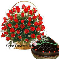 A Basket Of 50 Red Roses With Seasonal Fillers And A 1 Kg (2.2 Lbs) Heart Shaped Chocolate Truffle Cake