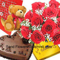 Bunch Of 12 Red Roses, Small Cute Teddy Bear, A Box Of Cadbury's Celebration Pack And 1 Kg Heart Shaped Chocolate Cake With A Free Greeting Card