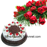 Bunch Of 12 Red Roses With 1 Kg Black Forest Cake