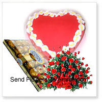 Basket Of 100 Red Roses With 24 Pcs Ferrero Rocher and a 1 Kg (2.2 Lbs) Heart Shaped Strawberry Cake
