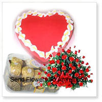 Basket Of 100 Red Roses With 16 Pcs Ferrero Rocher and a 1 Kg (2.2 Lbs) Heart Shaped Strawberry Cake