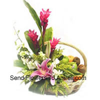 Basket Of 5 Kg (8.8 Lbs) Assorted Fresh Fruit Basket With Assorted Flowers