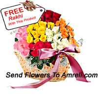 Basket Of 100 Mixed Colored Roses With A Free Rakhi.