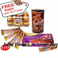 5 Five Star Chocolates For Price Of 4, 16 Pcs Ferrero Rocher, A Box Of Cadbury's Fruit And Nut And A Box Of Choco Twisters With A Free Rakhi(This Product Needs To Be Accompanied With The Flowers)