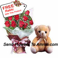 Bunch Of 12 Red Roses With Fillers And A Small Cute Teddy Bear With A Free Rakhi