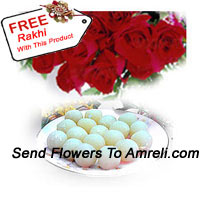 Bunch Of 12 Red Roses And 1 Kg Rasogulla With A Free Rakhi