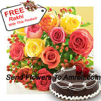 Bunch Of 12 Mixed Colored Roses With Seasonal Fillers and 1/2 Kg (1.1 Lbs) Chocolate Truffle Cake With A Free Rakhi