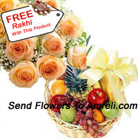 Bunch Of 12 Orange Roses With 3 Kg Fresh Fruit Basket With A Free Rakhi