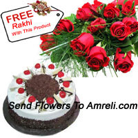Bunch Of 12 Red Roses With 1 Kg Black Forest Cake And A Free Rakhi