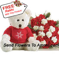 Bunch Of 24 Red And White Carnations With A Medium Sized Cute Teddy Bear With A Free Rakhi