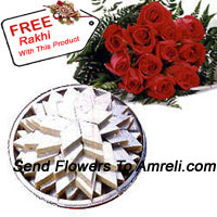 Bunch Of 12 Red Roses With 1 Kg (2.2 Lbs) Kaju Katli With A Free Rakhi