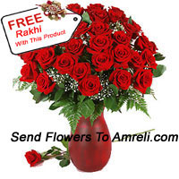 40 Red Roses And Seasonal Fillers In A Glass Vase With A Free Rakhi