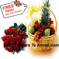 Bunch Of 12 Red Roses With 5 Kg (11 Lbs) Fresh Fruit Basket And A Free Rakhi