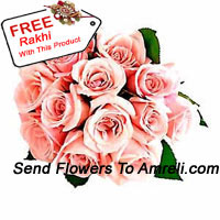 Bunch Of 12 Pink Roses With Seasonal Fillers With A Free Rakhi