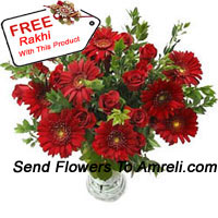 Gerberas, Roses And Fillers In A Vase With A Free Rakhi