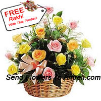 A Beautiful Basket Of 24 Mixed Colored Roses With A Free Rakhi