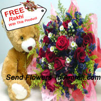 Bunch Of 12 Red Roses With Fillers And A Medium Sized Cute Teddy Bear With A Free Rakhi