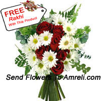 Bunch Of Roses And Assorted Flowers With A Free Rakhi