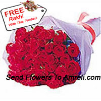 Beautifully Wrapped Bunch Of 24 Red Roses With A Free Rakhi