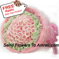 Bunch Of 50 Pink Roses With Seasonal Fillers And A Free Rakhi